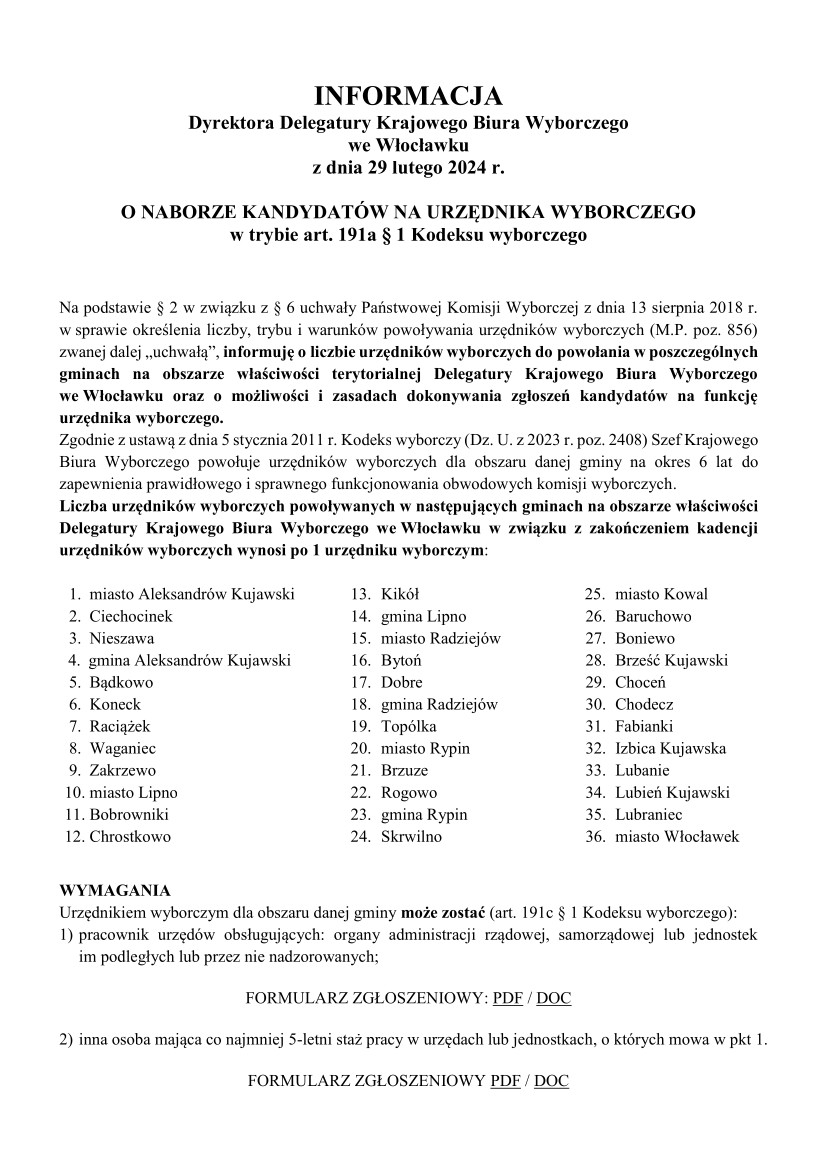 NFORMACJA Dyrektora Delegatury Krajowego Biura Wyborczego we Włocławku z dnia 29 lutego 2024 r. O NABORZE KANDYDATÓW NA URZĘDNIKA WYBORCZEGO w trybie art. 191a § 1 Kodeksu wyborczego